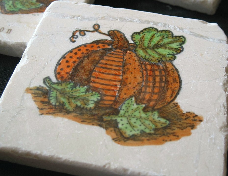 Patchwork Pumpkin Tile Coasters, Set of 4, Ready to Ship