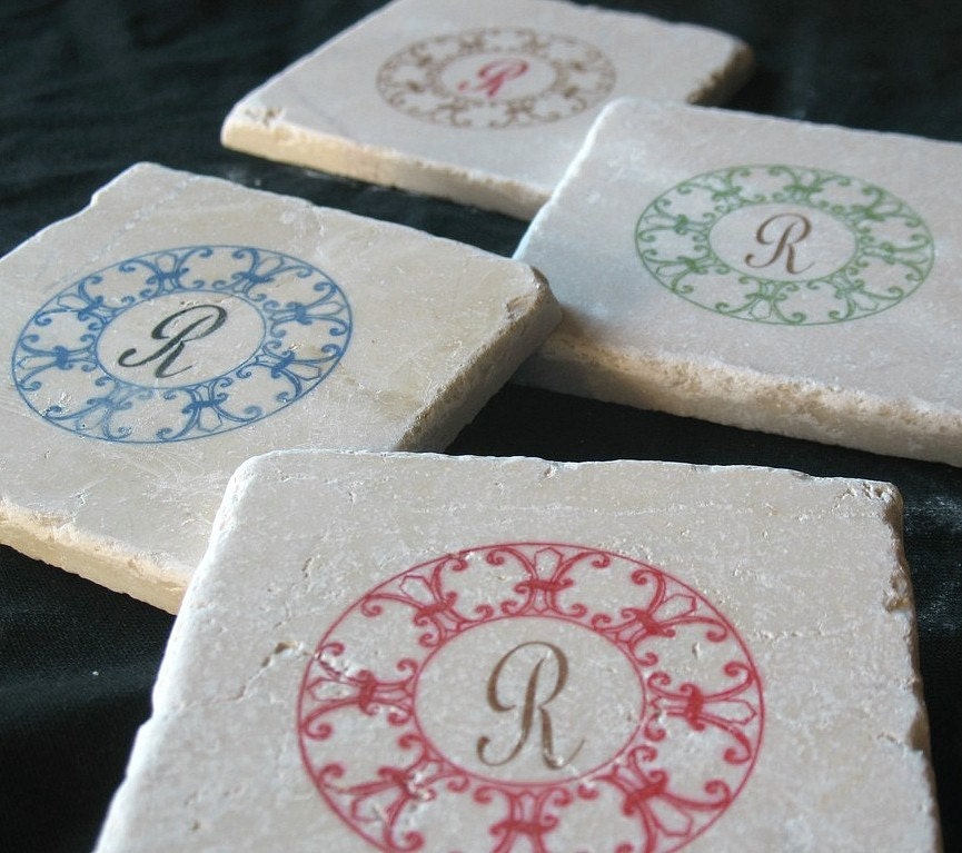 Green Monogram Fleur de Lis Circular Coasters, Set of 4