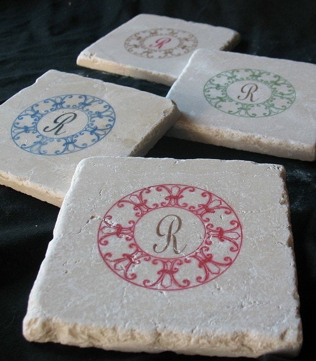 ON SALE Monogram Coasters, Red Fleur de Lis Circular, Set of 4