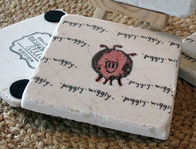 Piggly Wiggly Pink Pig Absorbent Tile Coasters, Set of 4, Ready to Ship