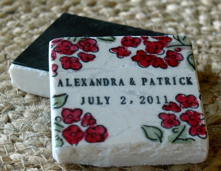 Red and Green Flower Wedding Favors, Save the Date Magnets, Set of 25