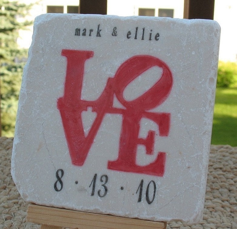 ON SALE Personalized Coasters, Red Love Statue Tile Coasters, Set of 4