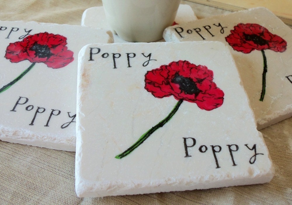 ON SALE Red Poppy Tile Coasters, Set of 4, Ready to Ship