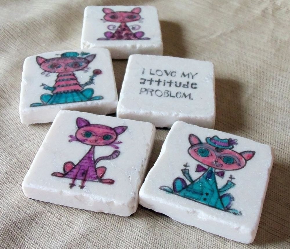 Kitty Attitude Tile Magnets, Set of 5, Ready to Ship