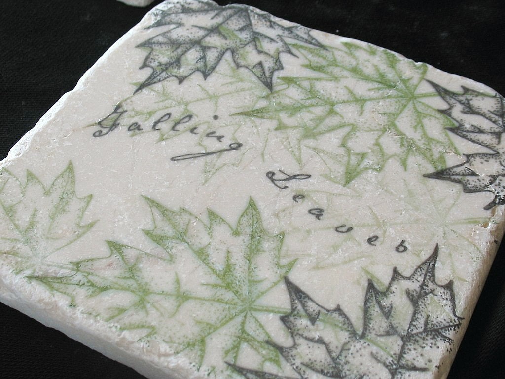 Sage Green Autumn Leaves Tile Coasters, Set of 4