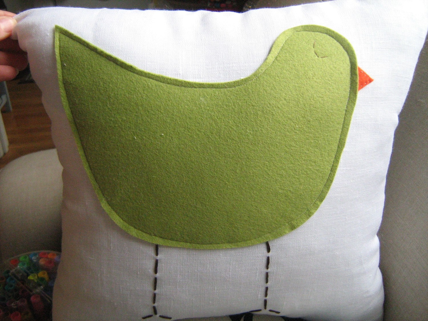 Sage Green Birdie Pillow on White Linen
