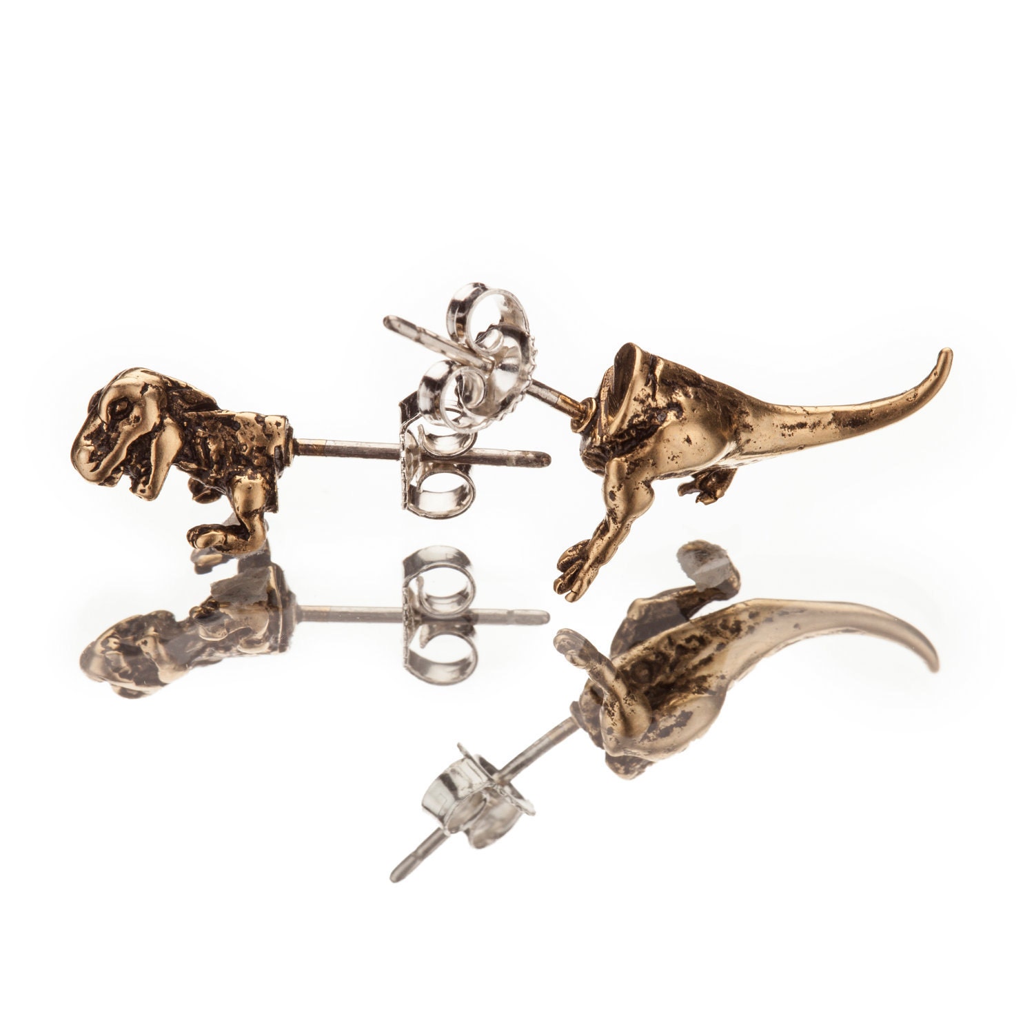 TYRANNOSAURUS HALFSIES - Dinosaur TREX Stud Earrings / Unisex - Antique Gold