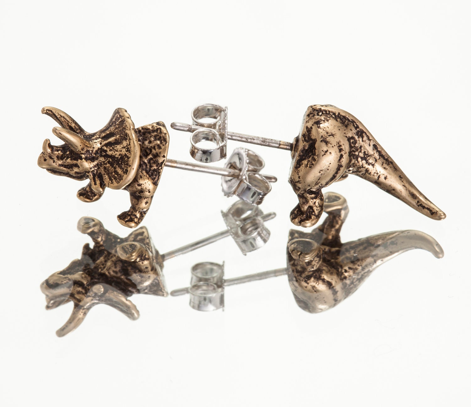 TRICERETOPS HALFSIES - Dinosaur Stud Earrings in Antique Gold