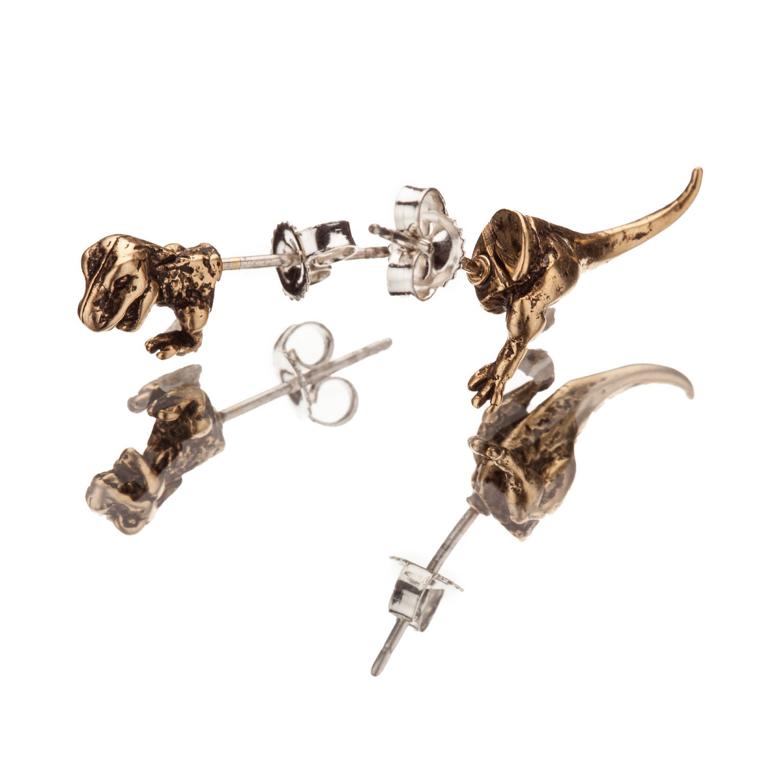 TYRANNOSAURUS HALFSIES - Dinosaur TREX Stud Earrings / Unisex - Antique Gold