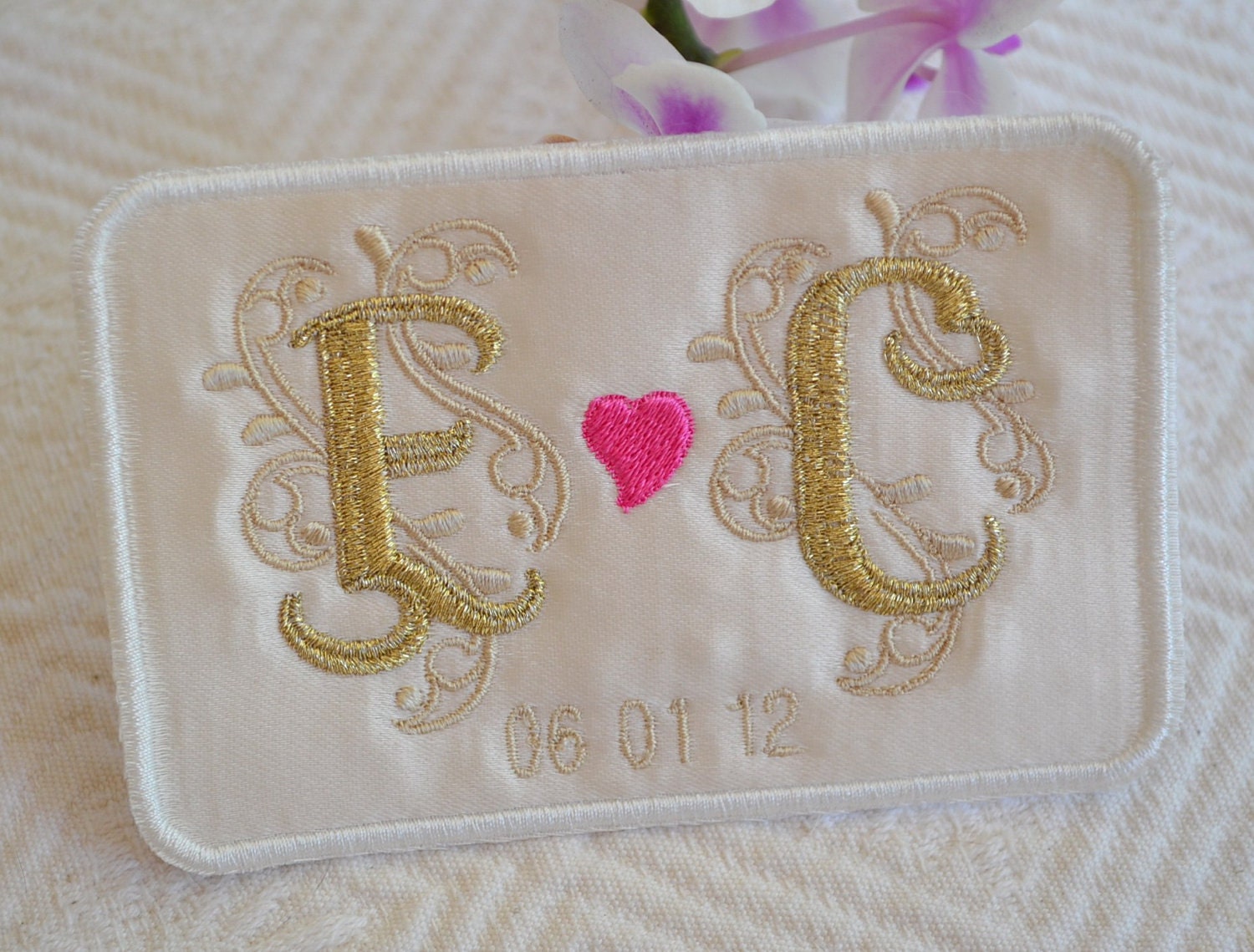 Custom Embroidered Wedding Dress Label French Silk Satin and Gold Thread