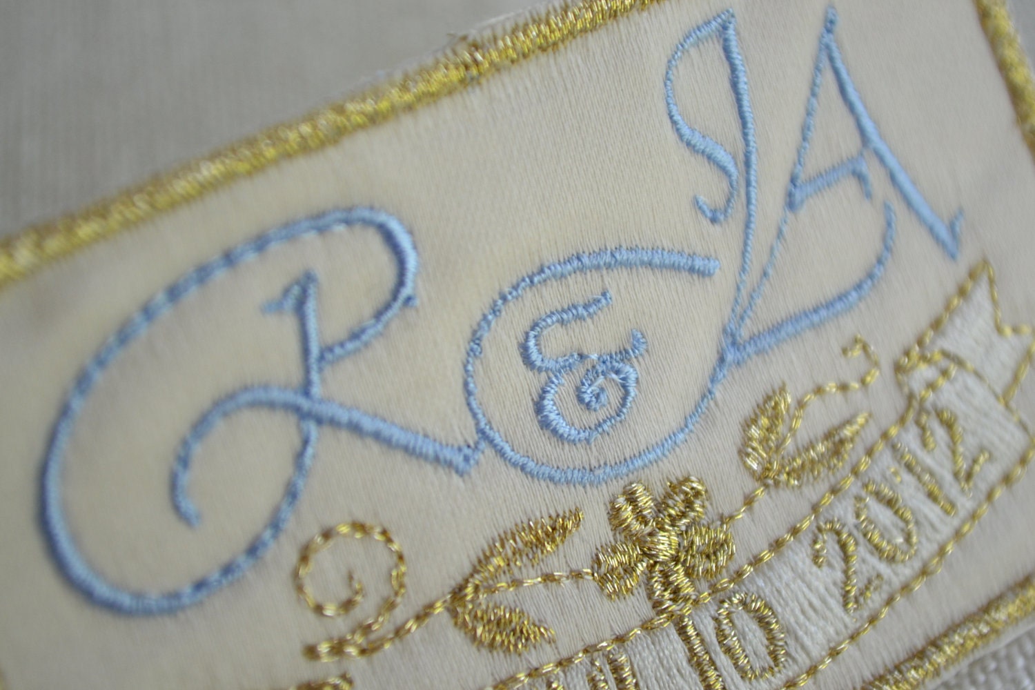Custom Embroidered Wedding Dress Label French Silk Satin, Light blue with Gold Thread