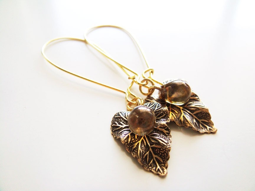 Golden Leaf Earrings - Topaz Czech Glass and Gold Leaf