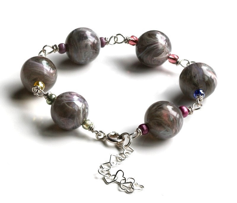 Dove Grey Bracelet: Vintage Lucite Beads Wire Wrapped Sterling Silver, Boho Chic Jewelry