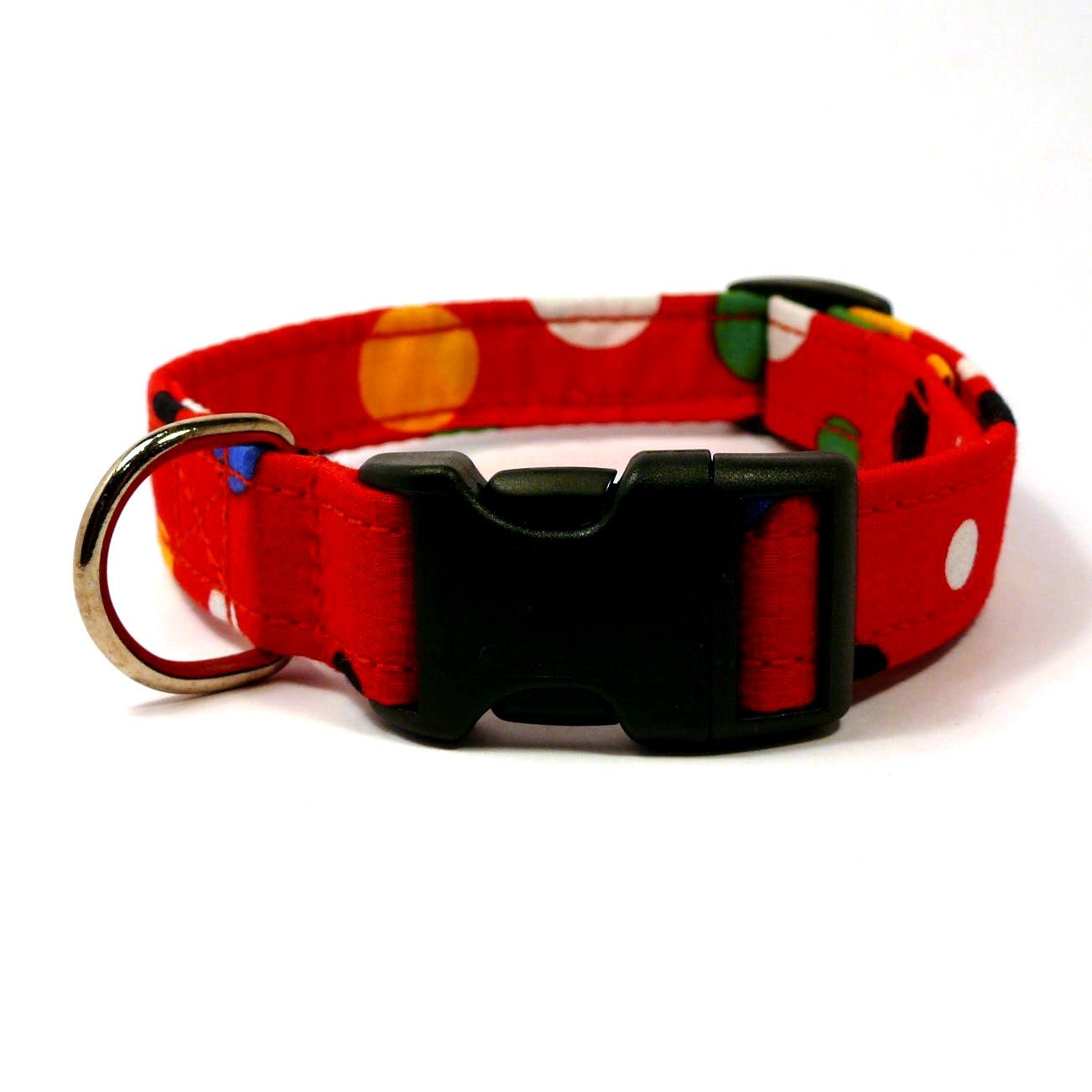 Colorful polka-dotted and red adjustable dog collar