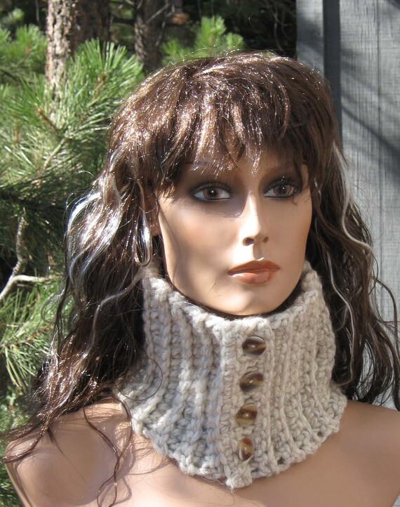 Ecru/Cream/Natural Colored Ribbed Neckwarmer/Cowl/Scarflette Chunky Crocheted Wool Blend