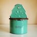 vintage Dutch enamelware, zout, sel or salt box, turquoise green with white lettering and wood lid