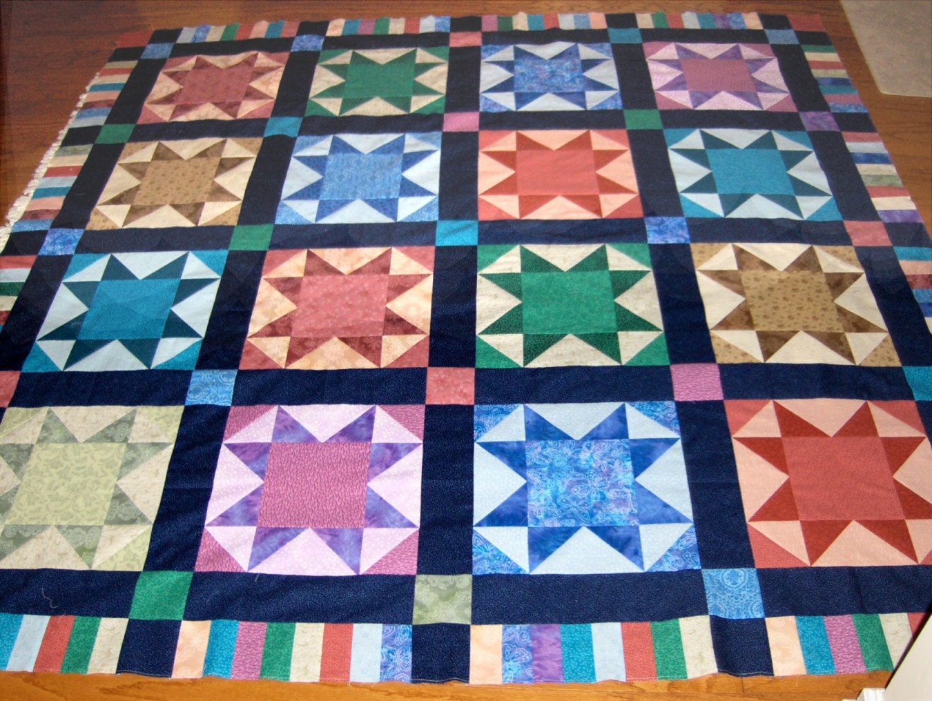 Star Quilt Top, Bright Colors, 69" x 69", Plus 1 Yard of Fabric for Border