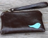 LAST ONE - Small Leather iPhone Wristlet with detachable strap - Blue Bird on Deep Chestnut