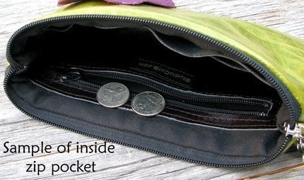 Leather Wristlet Wallet with detachable strap - Burgundy Poppy on Green Grass
