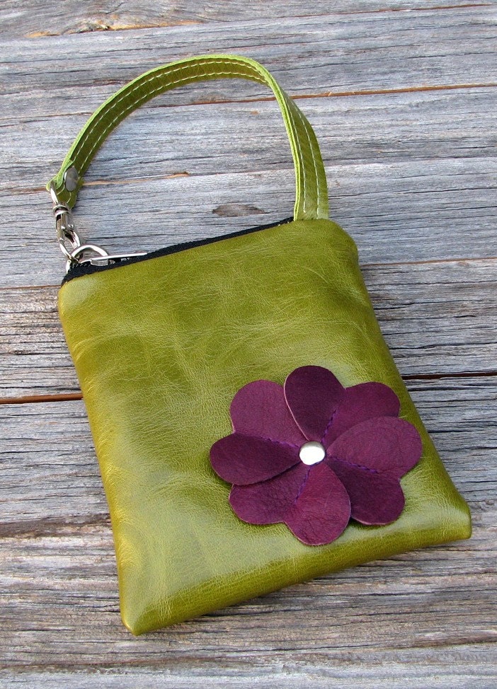 LAST ONE - Leather iPhone or Gadget Case Wristlet - Purple Floral on Distressed Kiwi