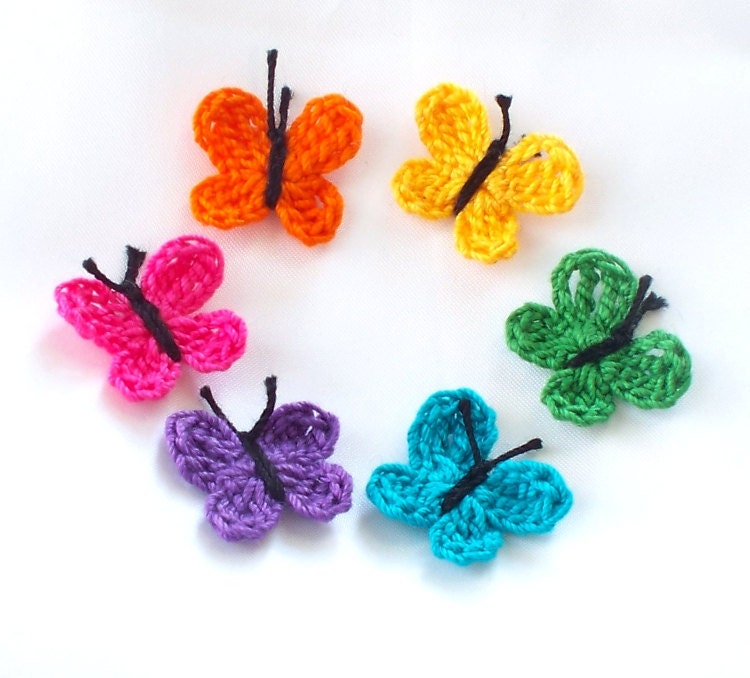 Crochet Butterfly Appliques, Embellishments Set of 6 Neon Brights