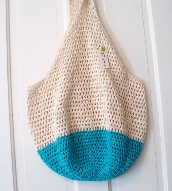 Crochet Beach Bag in Sand and Bright Blue Oversize Crochet Cotton Tote Bag