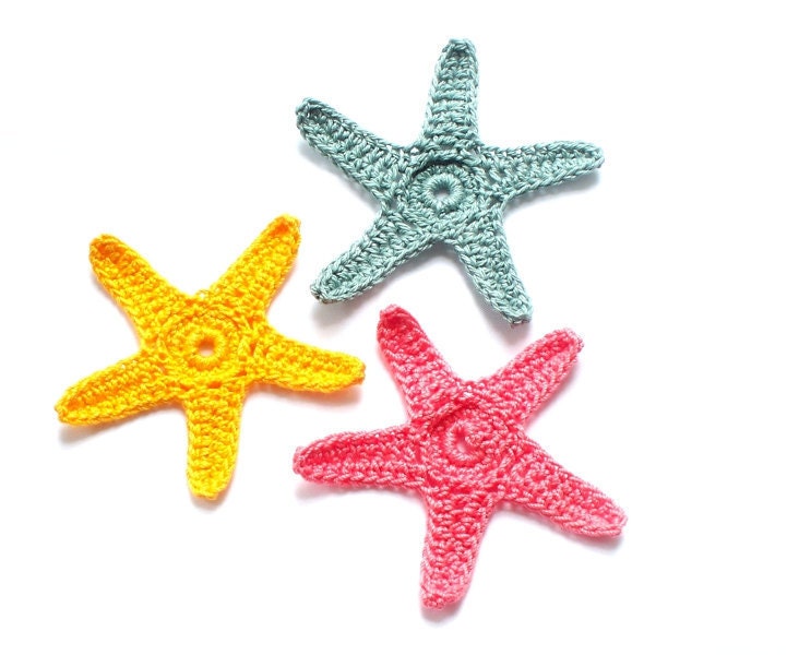 Colorful Crochet Starfish in Coral, Sage Green, Yellow Ready to Ship