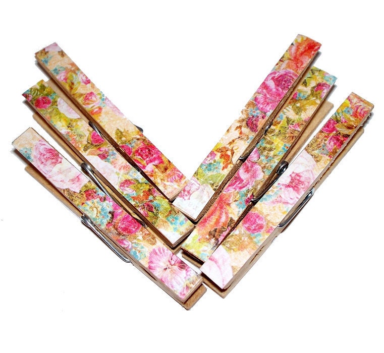 Decoupaged Clothespins Colorful Floral Pattern - Set of 6