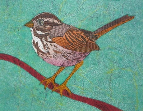 Song Sparrow 1 - Original Fine Art Collagraph Print, Bird, teal, blue green