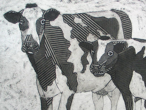 Cow Art - Black and White, Hand Pulled Collagraph, Original Fine Art Print - Holsteins Taking A Break 2