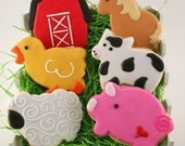 Farm Animal Cookies, Cow, Pig, Sheep, Duck, Horse, Barn (12 favors, bagged and bowed)