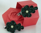 Kanzashi Cotton Flower- Set of 2 Hairclip - Dark Green