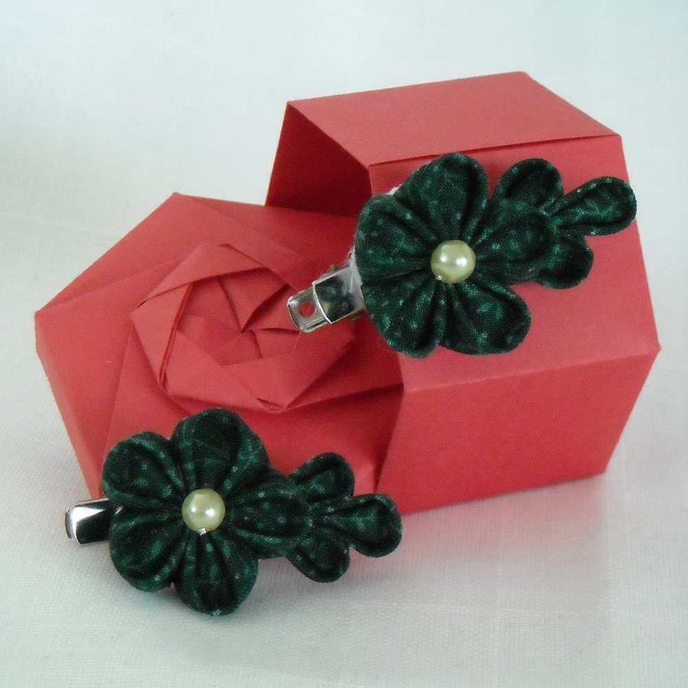 Kanzashi Cotton Flower- Set of 2 Hairclip - Dark Green