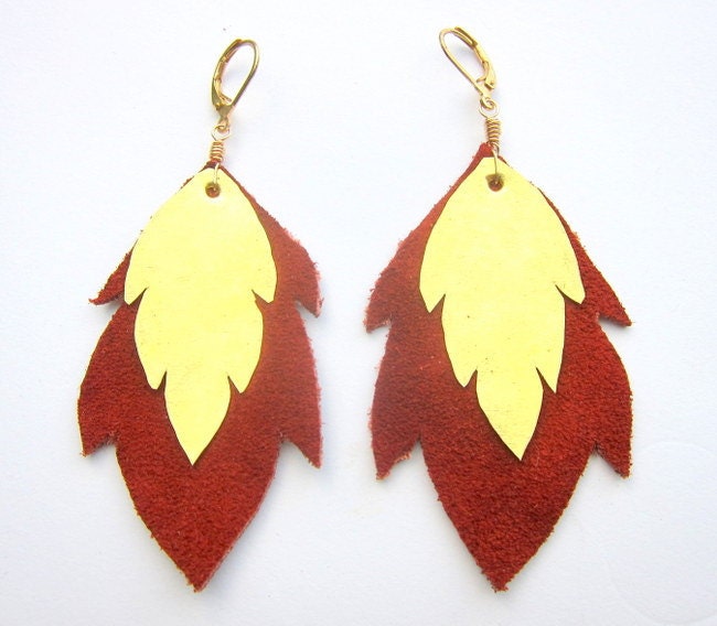 Leather and Brass Earrings in Leaf Shape
