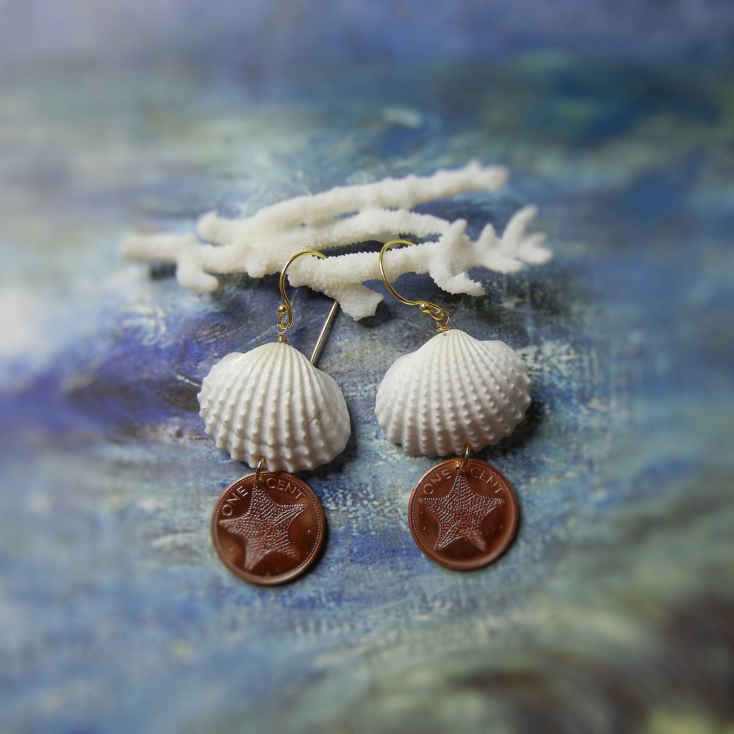 Seashell Starfish Coin Earrings - Mermaids Lucky Pennies - Seashell Bahama Starfish Coin Earrings