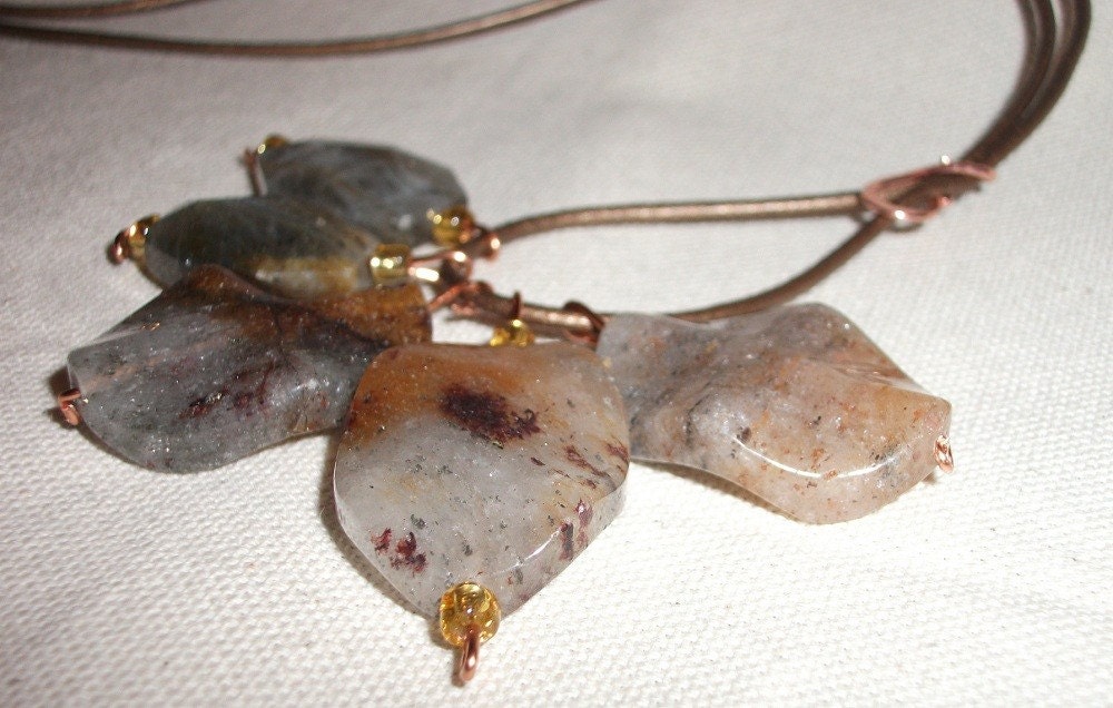 Necklace Earrings Set, Quartz, Natural Gemstones, Brown, Leather, Copper, 24"