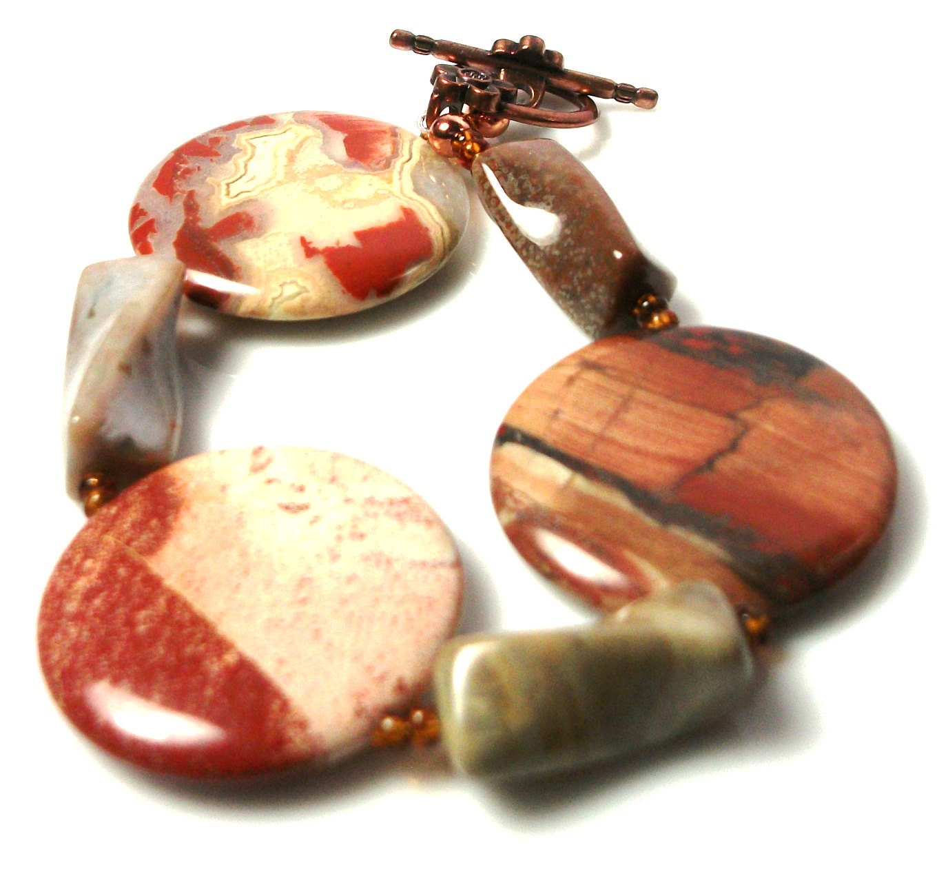 Beaded Bracelet, Brown, Jasper, Copper, Gold 8"