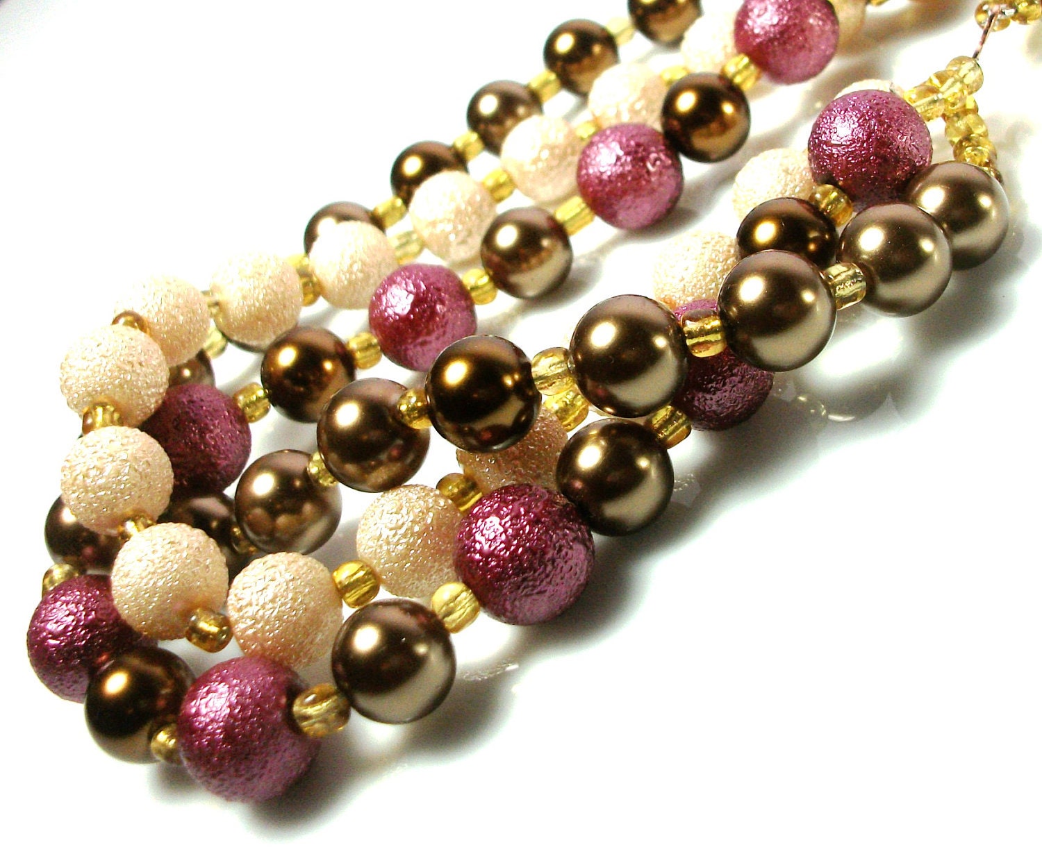 3 Strand Necklace, Twisted, Purple, Gold, Cream, 21 Inches