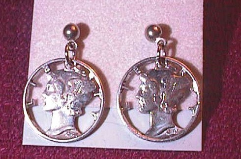 SILVER MERCURY DIME CUT COIN EARRINGS