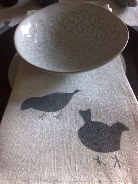 Linen Napkins Birds Oxford grey  Festive Collection (set of 4) Hand Printed