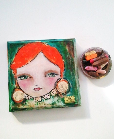 Whimsical Mixed Media- an Original Mixed Media Painting by Juliette Crane 7 x7 inches on Wood