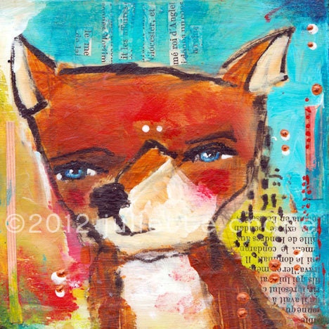 Primitive, Raw Art - 8x8 inch Print of a Reproduction of the Original Mixed Media Fox Painting Follow The Signs by Juliette Crane