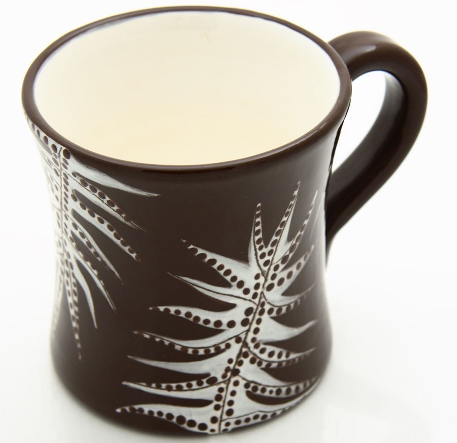 Oversized Coffee Mug White Leaves on Chocolate Brown