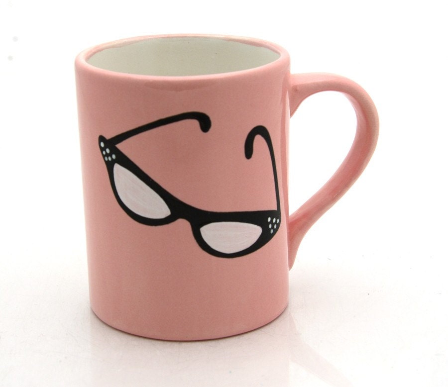 Teacher Gift Pink Mug with Vintage Cats Eye Glasses Can Be Personalized