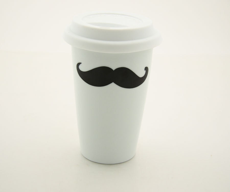 Moustache / mustache Travel Mug Double Walled Porcelain with Lid Kiln Fired