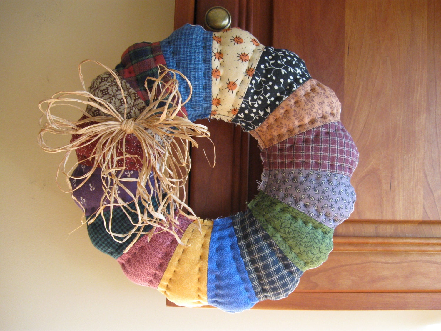 Quilted Wreath Rustic Country Home Decor Farmhouse Decor Primitive Door Decor Rustic Decor Scrappy Dresden Plate