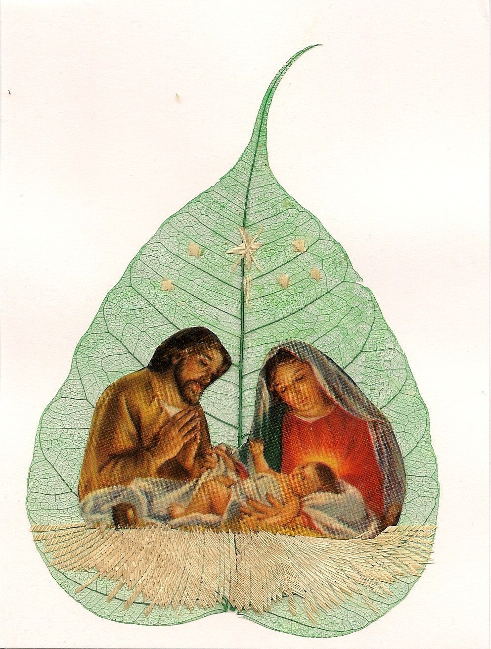 Jesus, Mary, Joseph  Nativity Scene  Christmas SALE Primitive, ancient leaf art.  Recycled, eco friendly, green art