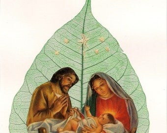 Jesus, Mary, Joseph  Nativity Scene  Christmas SALE Primitive, ancient leaf art.  Recycled, eco friendly, green art
