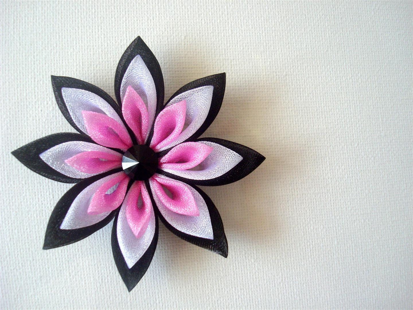 Black White Pink Flower Tricolor Flower Kanzashi Hair Clip Japanese Flower Geisha Love Hurts