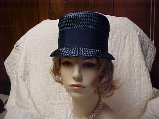 Reserved for Juan:Vintage 1950 s blue straw bucket hat with bow- size 23 inches